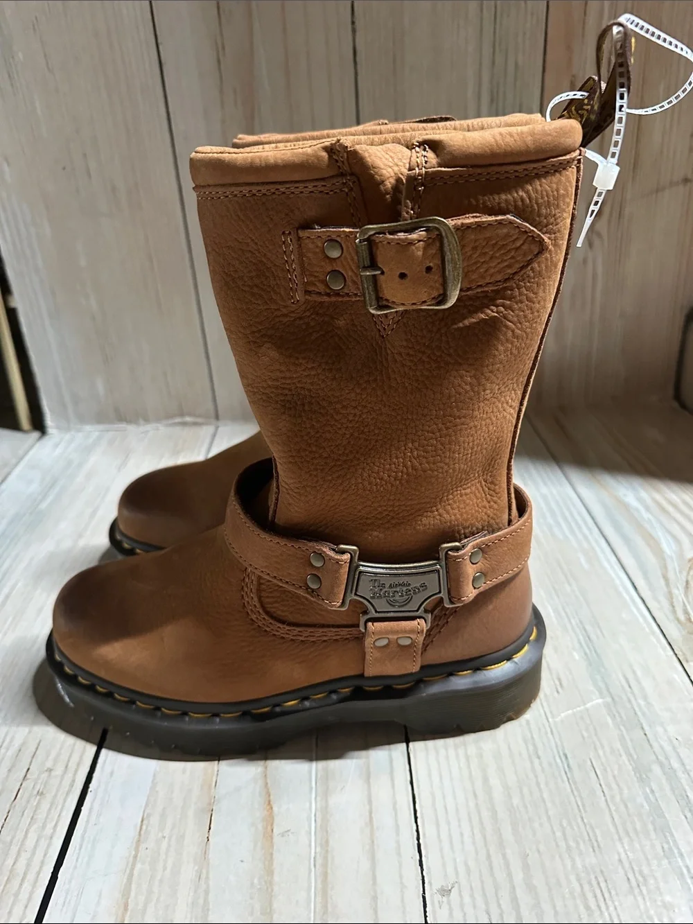Dr. Martens Brown Leather Harness Boots with Yellow Stitching